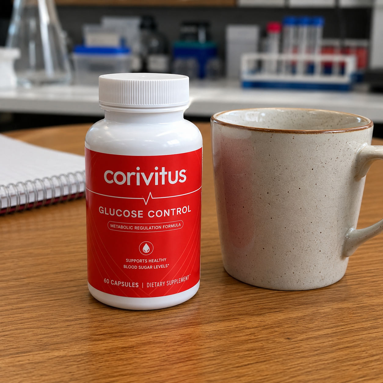 Corivitus Glucose Control Flasche neben einer Tasse auf einem Labortisch im Praxistest